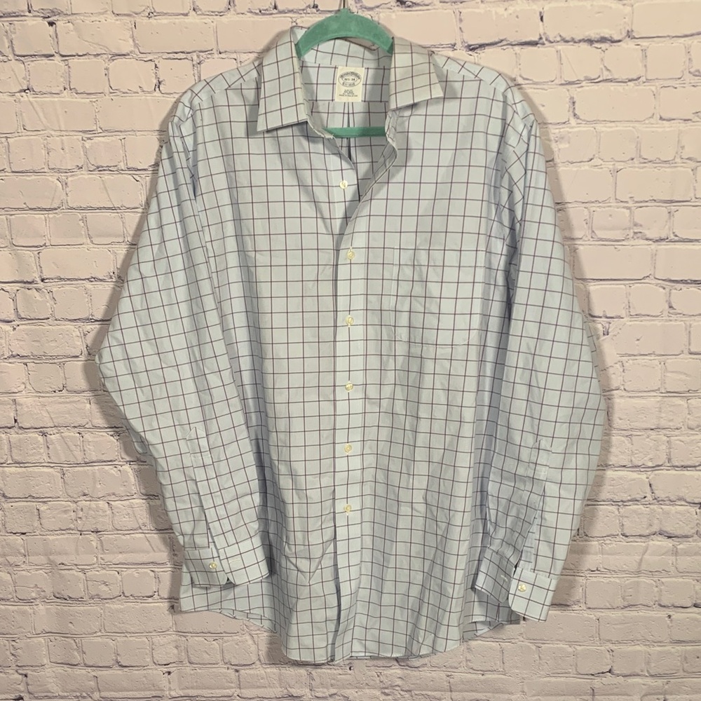 Brooks Brothers Slim Fit Non-Iron Cotton Button Down Windowpane Plaid 16.5/ 34